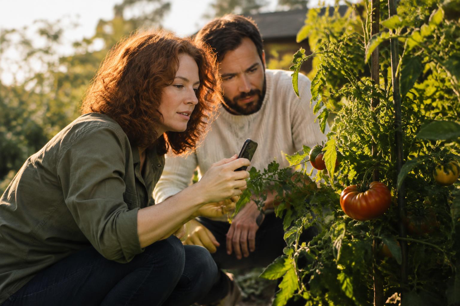 A woman photographs a ripe heirloom tomato with her phone while her partner watches in a sunlit garden