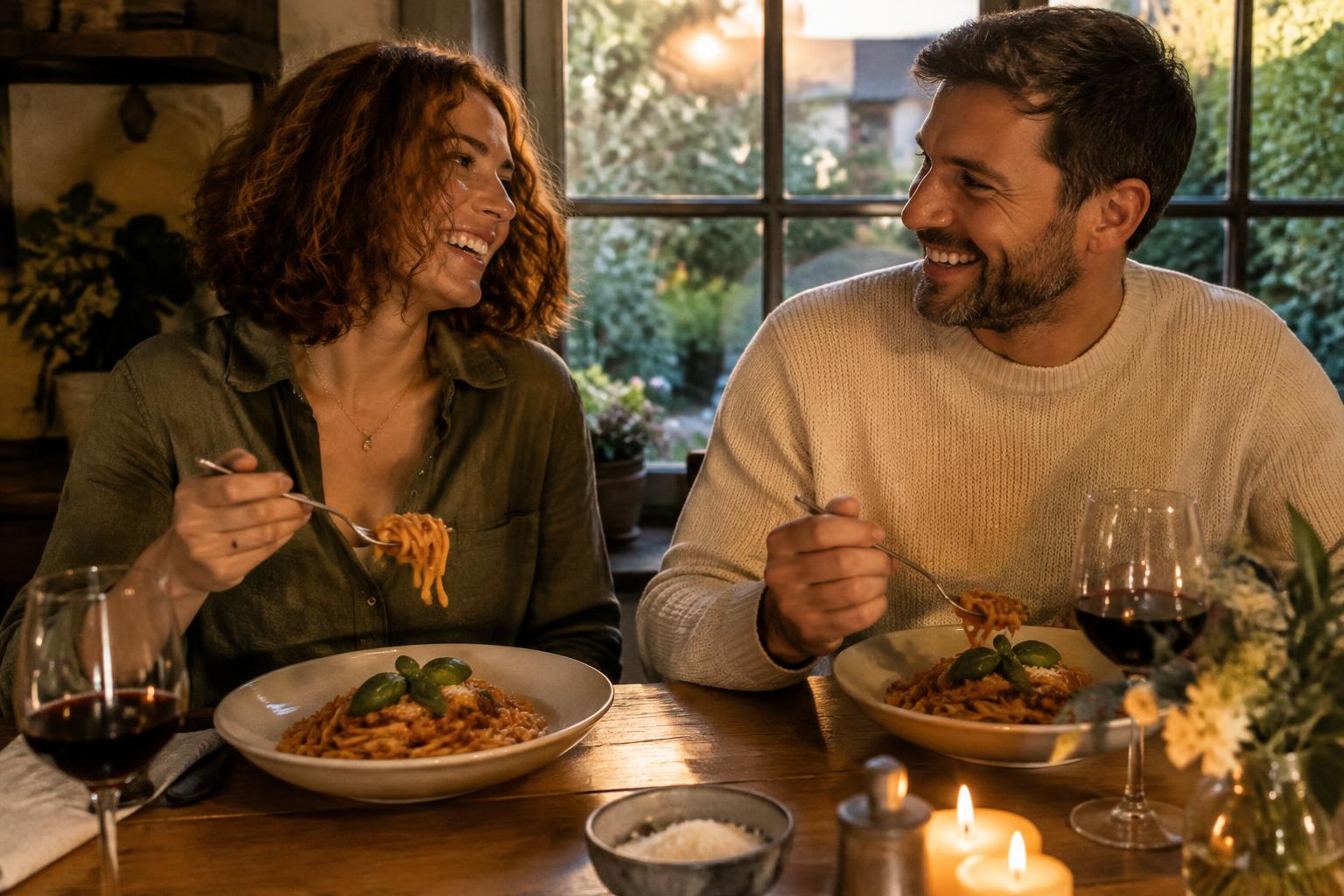 The couple enjoys a homemade pasta dinner together