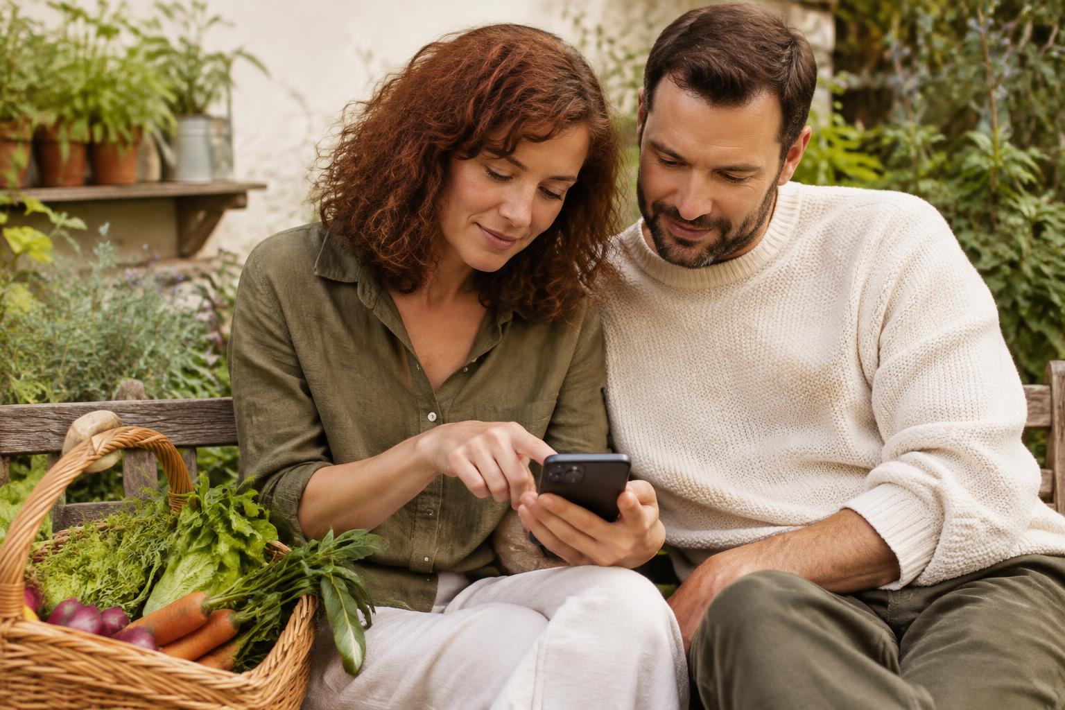 The couple browses saved plants on a phone on a garden bench